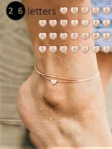 1 Miếng Tim & Thiết kế chữ cái Họ vòng chân Với Nhiều lớp Chuỗi & Đồ trang trí , 18K Hoa hồng Mạ vàng Thép không gỉ Chất liệu , Thích hợp Cho du lịch , Đường phố , bờ biển Và Cô gái - Hoa hồng vàng - Xem 3