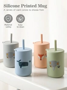1pc 150ml Cartoon Animal Pattern Cup With Lid And Straw For Kids, Silicone Anti-fall Portable Drinking Cup - Blue - View 2
