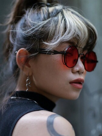 1 件女士黑色朋克风格镂空圆形时尚眼镜，适合日常通勤、度假、音乐节、户外活动，复古色调海滩配饰万圣节海滩配饰女士眼镜色调基础秋冬女士服装商务休闲礼物，适合夏季海滩度假、户外、旅行