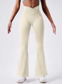 1pc Women Ribbed Ruched Butt Lifting Flared Yoga Pants, High Waist V-Cut Gym Leggings - Beige - View 8