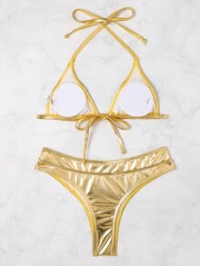 Bikini con guscio rigido spezzato da donna, texture metallizzata, set con laccio al collo sexy per l'estate 2024