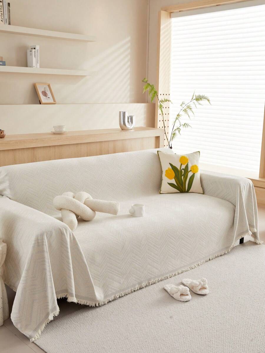 1pc Chenille Modern Anti-Slip Sofa Cover, Minimalist & Fashionable Sofa Throw Blanket, Seat Cushion Cover, Suitable For Sofa, Tablecloth, Picnic Mat, Bedroom, Living Room, Office, Diamond Pattern - White - View 1