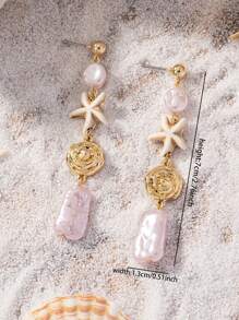 1 par de pendientes colgantes de estrella de mar, caracol marino y perla falsa con piedra de turquesa para mujeres, ideales para vacaciones de verano y playa - A8823 - Ver 4