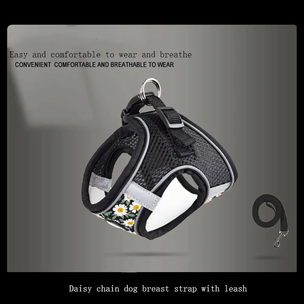 1 Set Sunflower Floral Pattern Breathable Mesh Dog Harness And Leash, Casual And Fashionable, Reflective For Nighttime Visibility, 360-Degree Anti-Escape Design, Adjustable Length, Convenient Handheld And Leash Use - Black - View 3