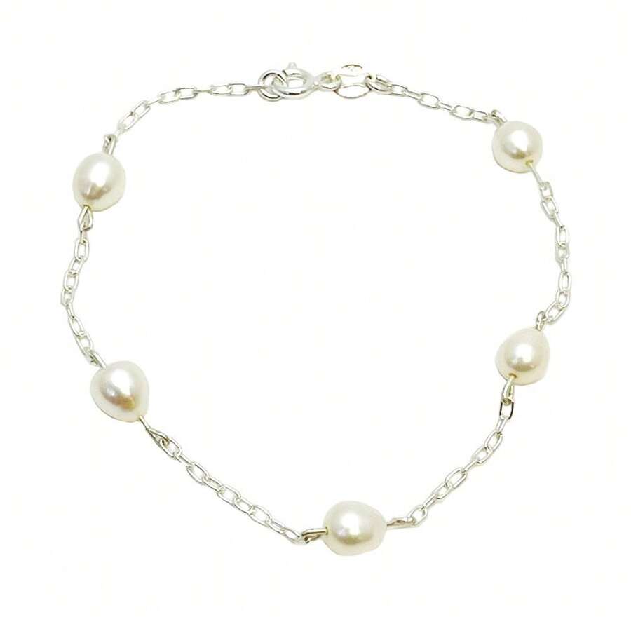 Pulseira Perola Natural Agua Doce Prata Legitima 925 - Prata - Visão 1