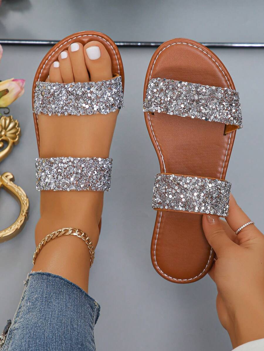 Pantuflas decoradas con brillos y purpurina para mujeres, zapatos planos casuales de verano, sandalias de playa ligeras, día de san Valentín