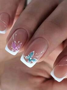 24入組自然指甲形狀，淺粉色，優雅簡約的法式蝴蝶款式，優美而美麗，適用於日常或派對，瞬間增添優雅和美麗，輕輕壓入式指甲，可穿戴性強，美甲用品 - 藕粉色 - 查看 1