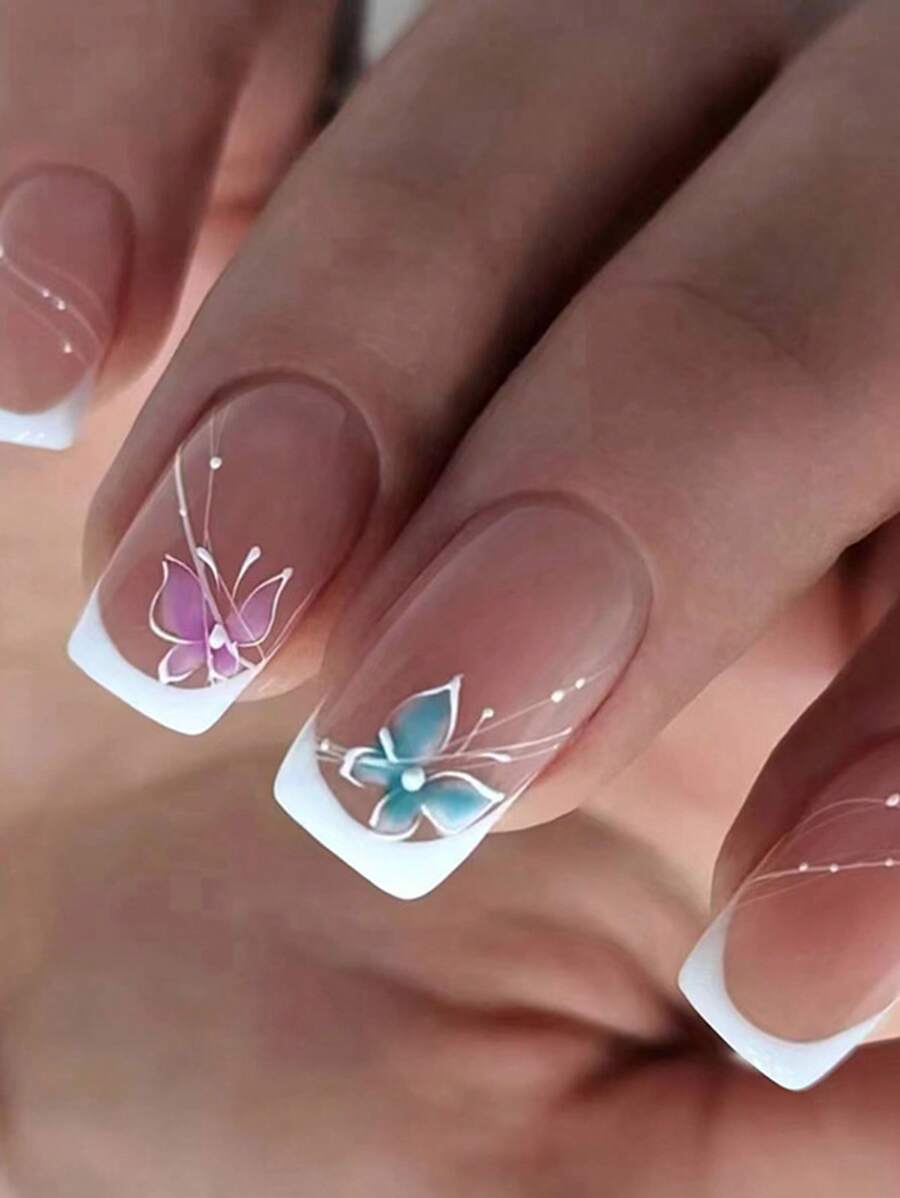 24入組自然指甲形狀，淺粉色，優雅簡約的法式蝴蝶款式，優美而美麗，適用於日常或派對，瞬間增添優雅和美麗，輕輕壓入式指甲，可穿戴性強，美甲用品 - 藕粉色 - 查看 1