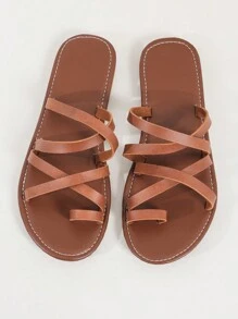 Women's Summer Flat Cross Strap Slip-On Toe Loop Sandals For Casual And Beachwear