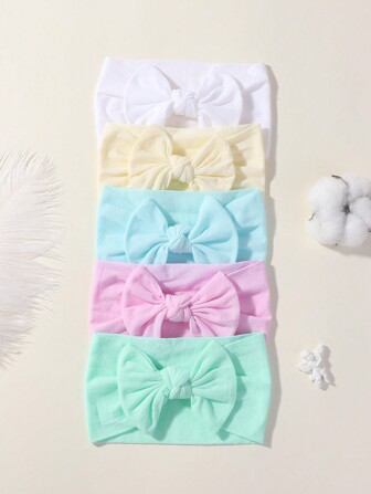 5pcs Wide-Brimmed Solid Color Bowknot Hair Ties For Kids, Macaroon Colour Elastic Hair Band, Kid's Hair Accessories Love Valentine