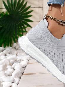 Giày thể thao đan trơn cho nữ, giày đi bộ đế mềm và dày, giày tất thoáng khí cổ thấp cho học sinh - Xám - Xem 6