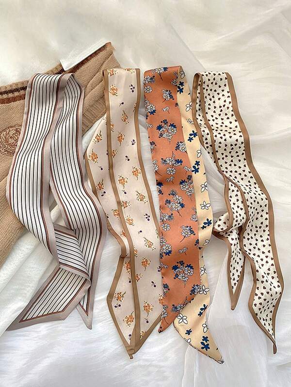 4pcs/Set Women's Stylish And Elegant Khaki Striped Heart, Flower Printed Hair Bands Set Valentine Headband Turban Headband Sweatband Fall Winter Hair Band Hair Accessories For Women For Vacation Outfits Woman Elegant Scarf