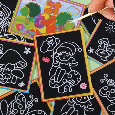 1/15/30入DIY彩虹刮畫紙套裝，藝術卡套裝與塗鴉模板和畫板，非常適合兒童美術教育玩具禮物