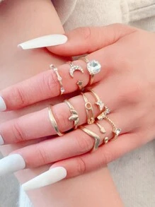 11pcs Gold Luxury Rhinestone Women's Alloy Ring Set Elegant Retro Jewelry Love Butterfly