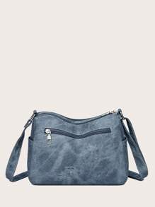 Túi đeo vai denim trơn màu đơn giản dành cho nữ, Túi đeo chéo du lịch nhẹ, sức chứa lớn, Túi đeo chéo quai rộng, Túi vuông đi làm nhiều ngăn, Túi đeo vai phù hợp cho du lịch ngoài trời, Túi đeo vai đi học - Màu xanh lam - Xem 4