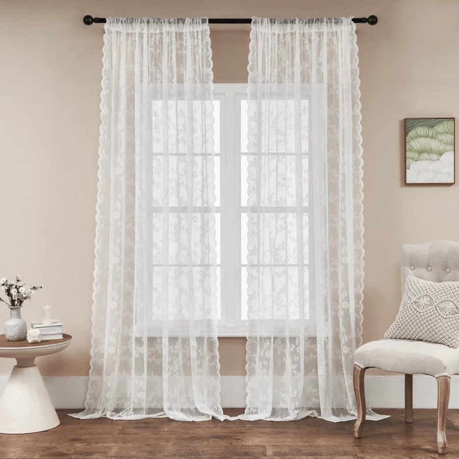 White Lace Sheer Curtain, Fresh For Bedroom - White - View 1