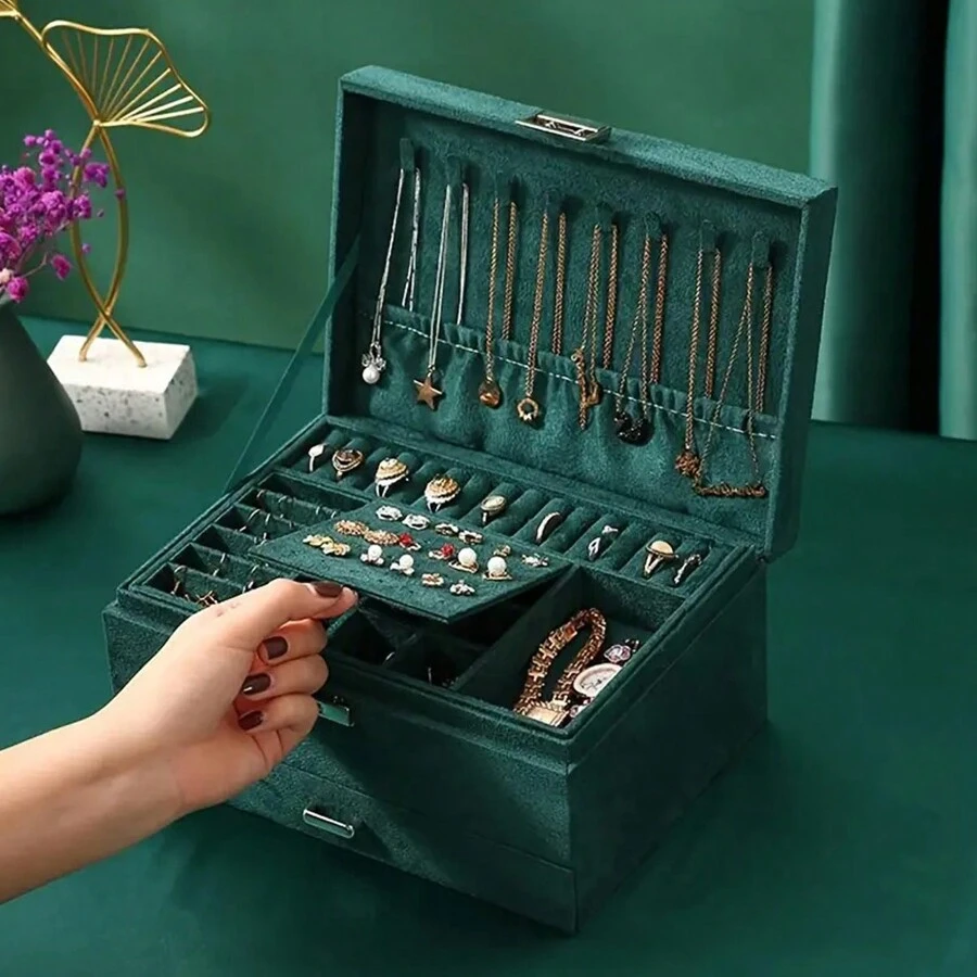 1 hộp đựng trang sức 3 tầng, hộp đựng trang sức nhung cổ điển có khóa, hộp đựng trang sức đựng hoa tai, vòng cổ, nhẫn, vòng tay, đồng hồ và các phụ kiện khác cho ngày lễ tình nhân - Màu xanh lá cây đậm - Xem 1