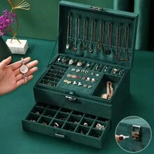 1 hộp đựng trang sức 3 tầng, hộp đựng trang sức nhung cổ điển có khóa, hộp đựng trang sức đựng hoa tai, vòng cổ, nhẫn, vòng tay, đồng hồ và các phụ kiện khác cho ngày lễ tình nhân - Màu xanh lá cây đậm - Xem 6