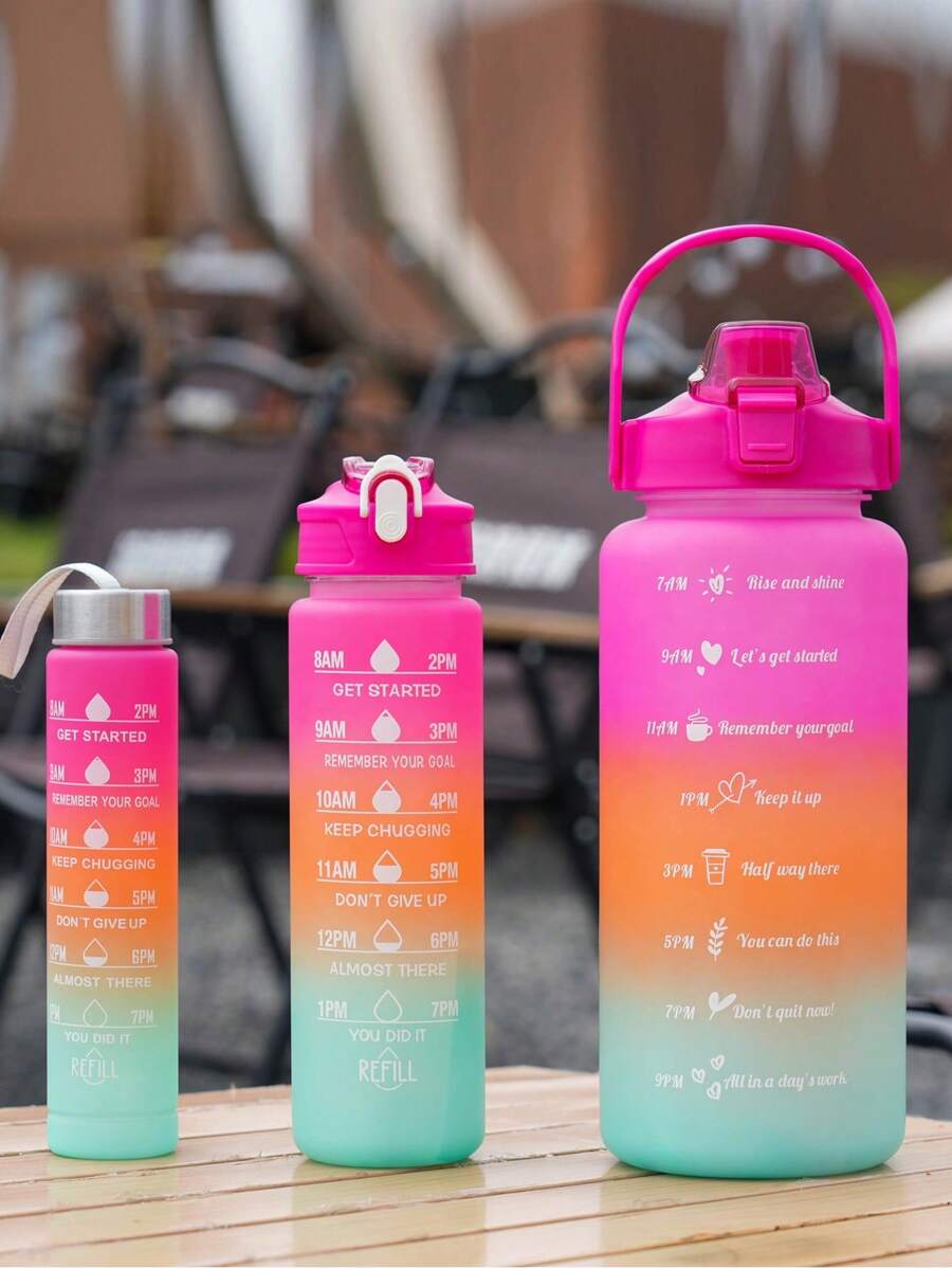 1pc 2L Or 750ml Or 300ml Large Capacity Rose Gradient PC Water Bottle, Sports And Fitness Portable Straw Cup, For Home And Travel Outdoor Use - Hot Pink - View 1