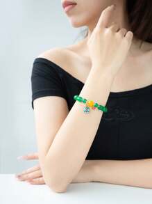 [VE] 1pc High-Quality Natural Agate & Mythical Beast Bead Bracelet. The Agate Has A Warm Luster And The Mythical Beast Design Is Unique, Symbolizing Wealth And Prosperity. Wearing This Bracelet Can Enhance Personal Charm, Bring Success In Career, And Abundant Fortune. Natural Gemstone Color Is Random. - Green - View 3