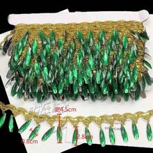 FINGERINSPIRE 1 Yard Gold Metallic Scroll Braid Trim With Sequins & Long Water Droplets Colorful Rhinestone Polyester Hanging Beads Fringe Trim Gimp Braid Trim Sewing Tassel Trim By The Yard For DIY Crafts - Green - View 2