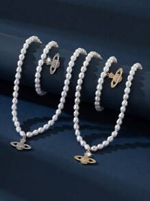 1 Set Damen Armband mit Planeten-Strass-Einlagen und Halskette mit Strass-Perlen