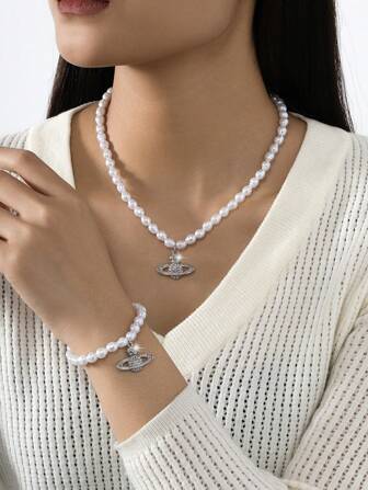 1 Set: 1pc Women's Rhinestone Star Flower Bracelet + 1pc Beaded Flower Necklace, Everyday Jewelry Accessories