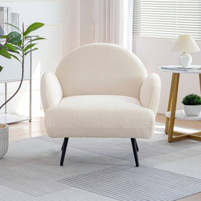 DYHOME Armchair Modern Lounge Chair Single Lounge Sofa Lounge Sofa Comfortable Teddy Bear Fabric Black Metal Feet Suitable For Living Room Bedroom, White