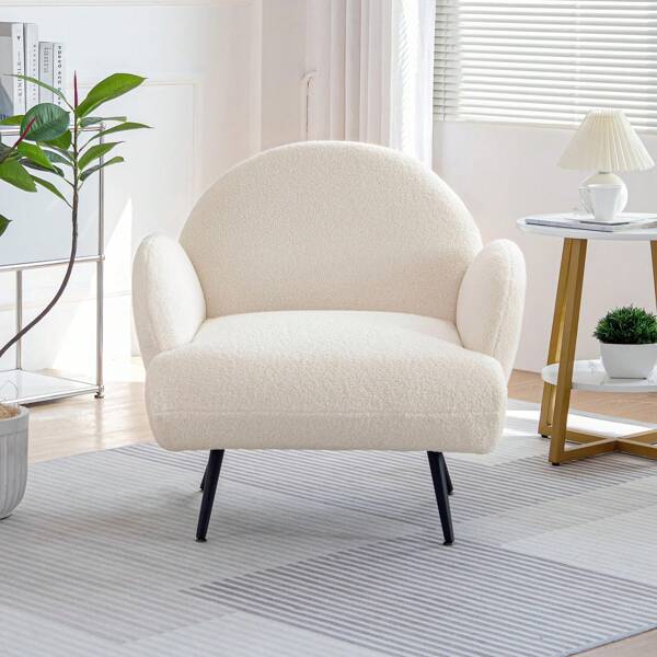 DYHOME Armchair Modern Lounge Chair Single Lounge Sofa Lounge Sofa Comfortable Teddy Bear Fabric Black Metal Feet Suitable For Living Room Bedroom, White