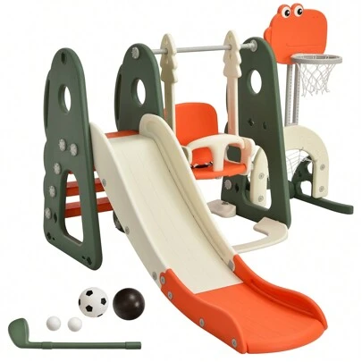 173 X 191 X 120 Cm 6 In 1 Toddler Slide And Swing Set, Kids Climber Playset With Adjustable Basketball Hoop, Football Goal And Golf Hole, Children Activity Center For Indoor