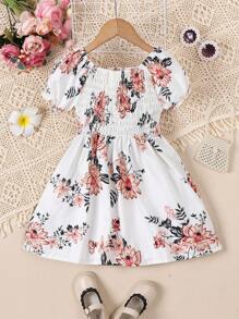Young Girls' Summer Floral Print Short Sleeve Casual Shift Dress - White - View 1