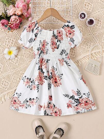 Young Girls' Summer Floral Print Short Sleeve Casual Shift Dress