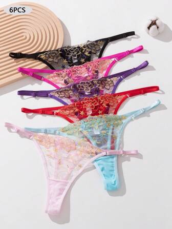 Juego de 6 tanga de mujer con bordados de flores y malla, lencería sexy