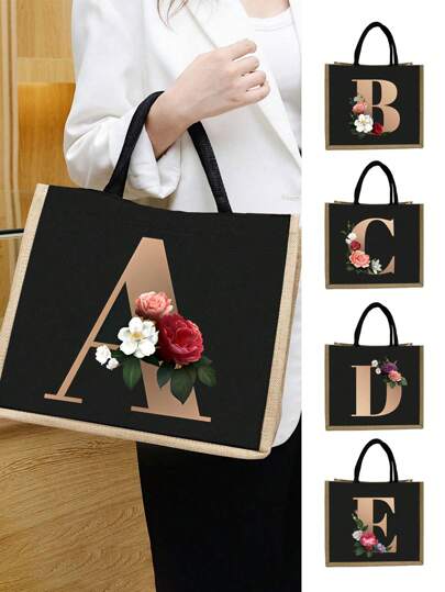 Casual Tote Bags For Women, Large Capacity Shopping Bag, Linen Beach Tote Bag, Gold 26 Letter Print Commuter Tote Bag, Jute Tote Bag Women's Shopping Bag, Gold Lettering And Flowers, Large Capacity Reusable Shopping Bag, Summer Essentials, Perfect For Vacation & Holiday, School Bag, Portable, Large Capacity, For Teen Girls Women College Students, Perfect For Office, College, Middle School ,Vacation Essentials
