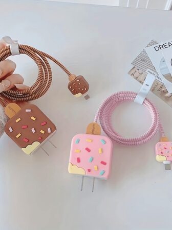 創意卡通冰激淩形狀數據線保護套適用於蘋果20瓦充電器,繞綫器和帶,4入组/套