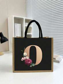 Casual Tote Bags For Women, Large Capacity Shopping Bag, Linen Beach Tote Bag, Gold 26 Letter Print Commuter Tote Bag, Jute Tote Bag Women's Shopping Bag, Gold Lettering And Flowers, Large Capacity Reusable Shopping Bag, Summer Essentials, Perfect For Vacation & Holiday, School Bag, Portable, Large Capacity, For Teen Girls Women College Students, Perfect For Office, College, Middle School ,Vacation Essentials - Black - View 24