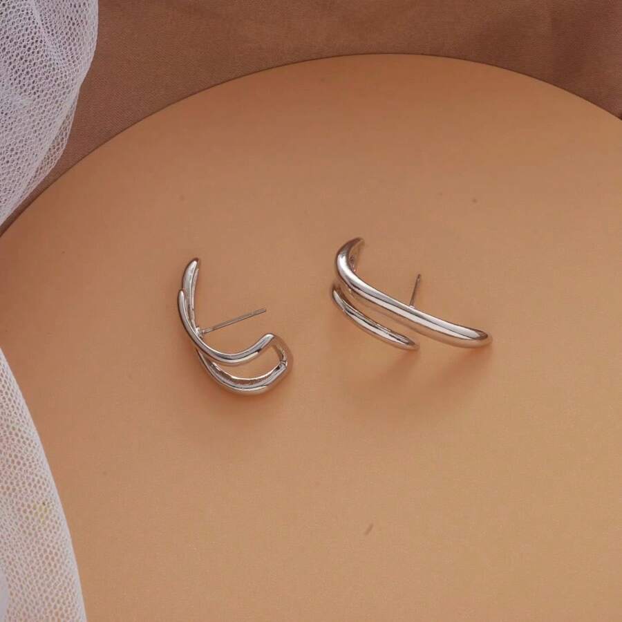 1 par de aretes metálicos geométricos de unicolor - Plateado - Ver 1