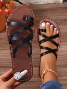 Women's Summer Flat Crossed Multi-Strap Slip-On Toe Ring Sandals Casual Beach Shoes