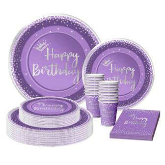 24pcs Purple Party Plates Napkins Cup Supplies Birthday Party Decoration Tableware For 24 Guests