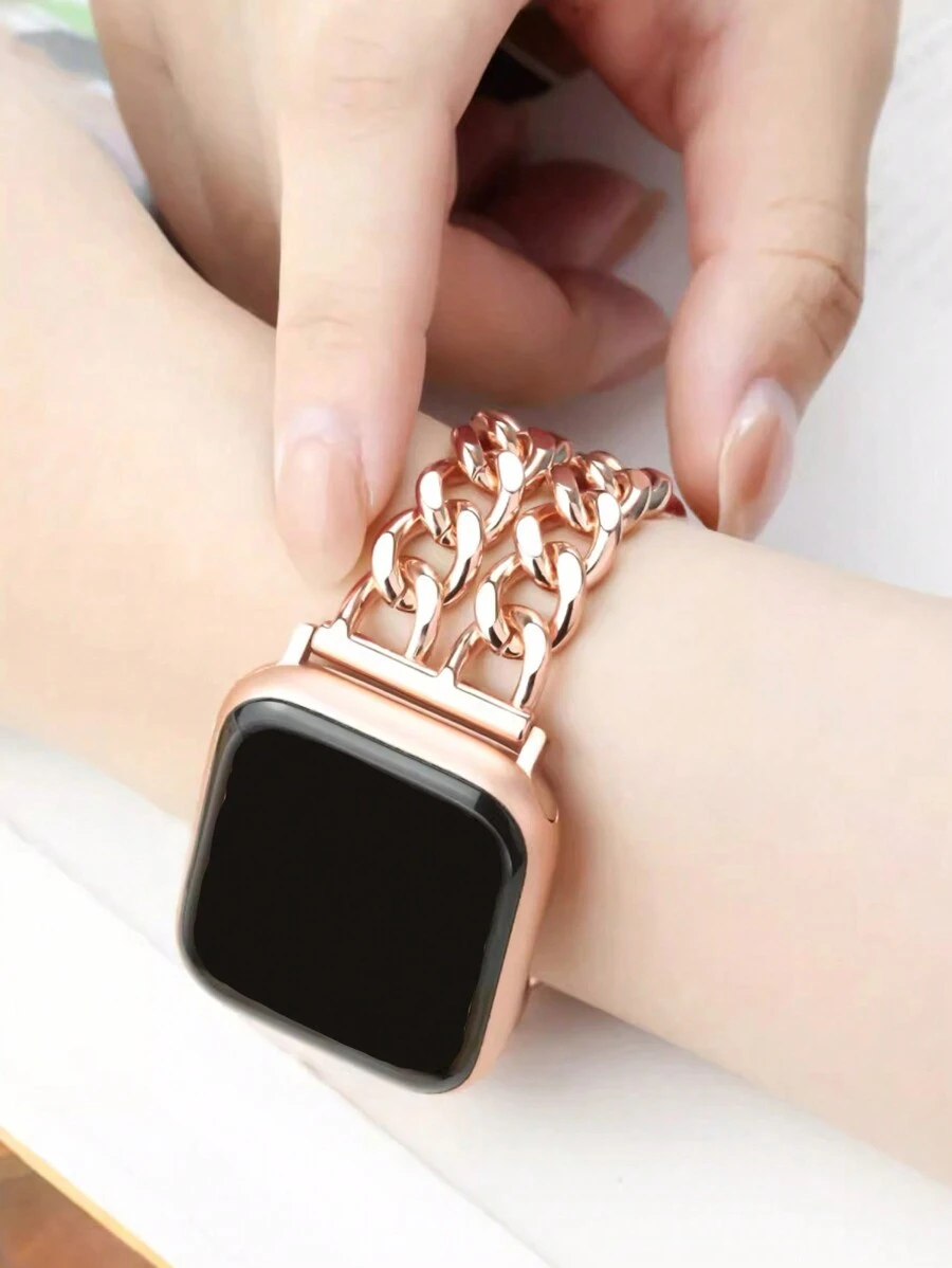 1 Fashion Women Rose Gold Versatile Premium Breathable ComFort Metal Zinc Alloy Denim Double Row Chain Apple Smart Watch Band Apple Watch Strap For 38/40/41/42/44/45/49mm Compatible With Apple Watch Ultra/SE/8/7/6/5/4/3/2/1