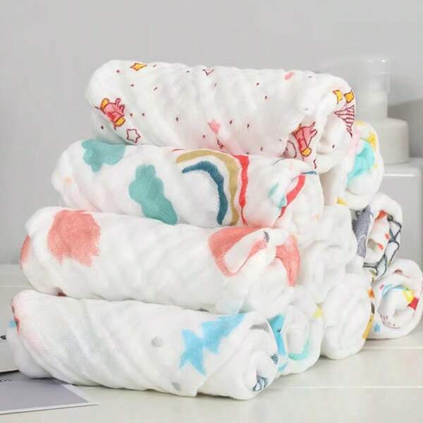 5pcs/Pack Random Color Printed Square Washcloth 6 Layer Gauze Baby Handkerchief Feeding Nursing Towel Drool Bib