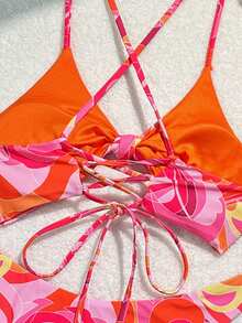 Women Marble Print Spaghetti Strap Tankini Bikini Set Set - Red - View 5