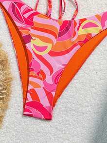 Women Marble Print Spaghetti Strap Tankini Bikini Set Set - Red - View 4
