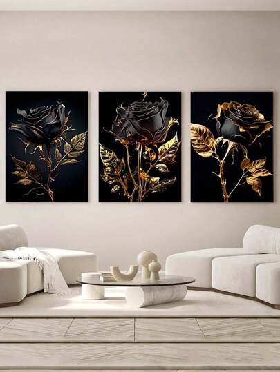 ملصق قماشي بطباعة الورد الوردي 3قطعات، الفن المطبوع بورد سوداء وورقة ذهبية، لتزيين المنزل بأناقة، غرفة المعيشة، غرفة النوم، المكتب، المطبخ، غرفة الطعام، تزيين الجدران في الفندق، تزيين الغرفة، فن غوثي شبيه باللوحة الزيتية، لوحة جدارية للغرفة ، صورة مطبوعة ، هدية مثالية غير مؤطرة