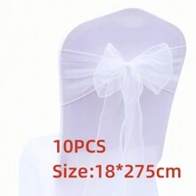10pcs Organza Chair Sash Bow For Wedding Banquet Party Event Decoration, Organza Fabric Staircase Canopy Flower Wedding Decoration, Graduation Prom Ceremony Party Background Decor, Interactive Party Atmosphere Decor, Gift Wrapping Ribbon Decor - White - View 7