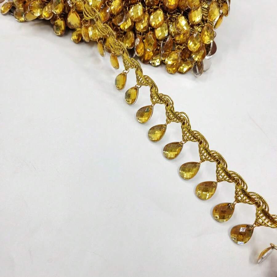 FINGERINSPIRE 1 Yard Gold Metallic Scroll Braid Trim With Sequins & Water Droplet Pattern Colorful Rhinestone Polyester Hanging Beads Fringe Trim Gimp Braid Trim Sewing Tassel Trim By The Yard For DIY Crafts - Gold - View 1