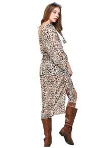 Kimono de gasa de leopardo bajo con abertura con parte delantera abierta - Caqui - Ver 2