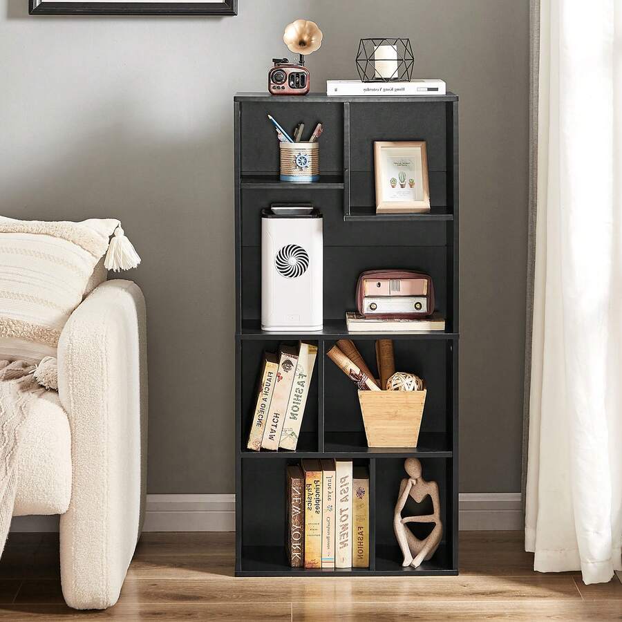 42 Inch High Bookcase, 4-Tier Modern Storage Cabinet With Height Difference Shelves For Standard Textbooks, Floor Standing, 7 Cubes, Horizontal Available, Easy Assembly