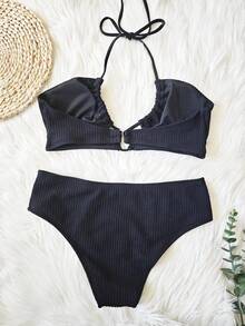 Ensemble bikini à cordon de serrage noir réglable en deux pièces pour femme, été plage d'été - Noir - Voir 4