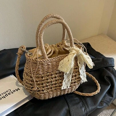 时尚休闲蝴蝶结装饰简约百搭草编手提包，适合度假、旅行、海滩、购物、单肩包